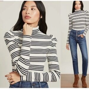 VERONICA BEARD Cedar Navy Ivory Striped Puff Sleeve Pima Cotton Turtleneck XS